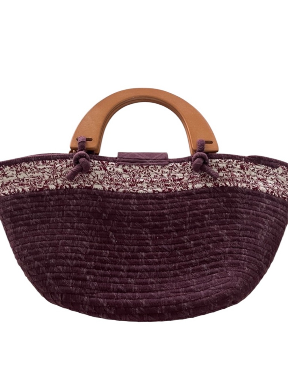 Plum Woven Tote Bag with Tan wooden handles handmade